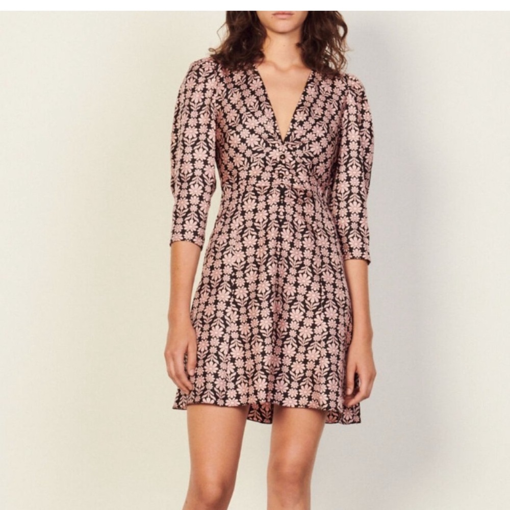 Sandro Pink Black Silk Mini Dress - Size US 2 / EU 34